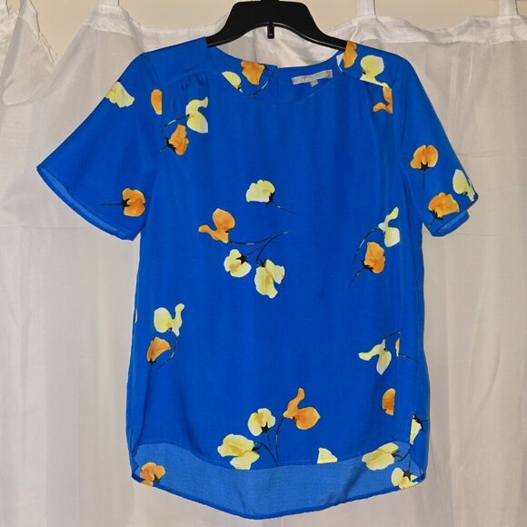 Daniel Rainn Blue floral top shirt sleeve blouse - Picture 3 of 9